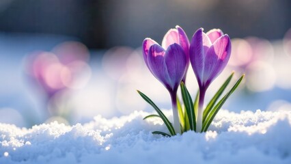 Aufkleber - Two purple crocus flowers bloom through the snow in the early spring sunlight. Concept of spring time and new life.