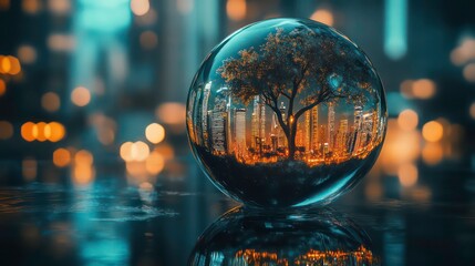 Poster - Crystal ball reflecting a cityscape with a tree at night.