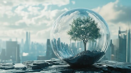 Poster - A small tree inside a glass sphere sits atop a stone surface against a backdrop of a cityscape under a partly cloudy sky.