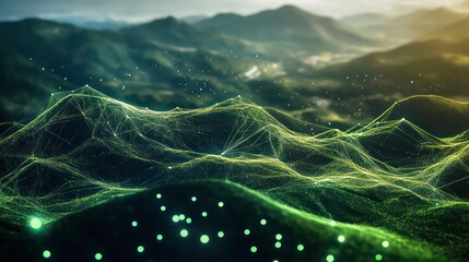 Poster - Abstract digital landscape with glowing green lines and points over a mountain range.
