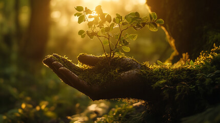Poster - Moss-covered hand holding a growing sapling in a forest illuminated by warm sunlight