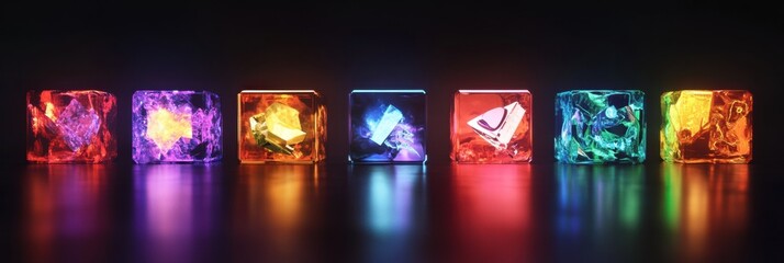 Leinwandbilder - Floating cubes display abstract text, photographic elements and video symbols in vibrant colors against a dark backdrop. Generative AI