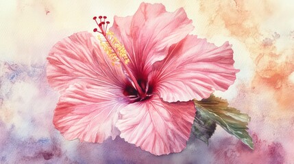 Poster - Watercolor painting of a delicate pink hibiscus flower with detailed petals, stamens, and leaves against a soft, colorful background.