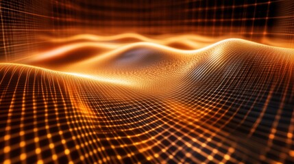 Wall Mural - Abstract Orange Grid Network Digital Wave Data Flow Visualization