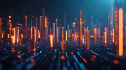 Aufkleber - Abstract futuristic cityscape with glowing orange and blue towers and lines.