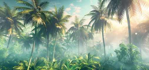 Wall Mural - jungle in the fog, palm trees in the morning, haze in the jungle, palm trees in the haze, 3d renderi