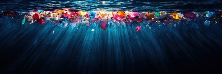 Aufkleber - Colorful plastic waste floats on deep blue ocean surface, highlighting the environmental impact of pollution. Generative AI