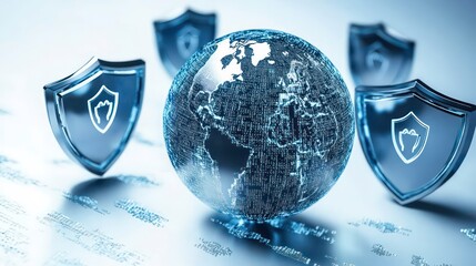 Poster - Global security concept  A glass Earth globe surrounded by protective shields, symbolizing cybersecurity and data protection.
