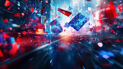 Poster - Futuristic city street at night with glowing fragments flying through the air.