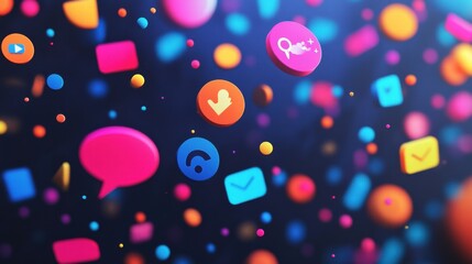 Leinwandbilder - Colorful digital icons float against a dark background, showcasing social media interaction and online communication trends. Generative AI