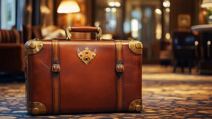 Poster - Luxurious leather suitcase with golden hardware placed in elegant hotel lobby during evening hours. Generative AI