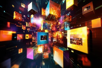 Aufkleber - Floating cubes display abstract text, photo, and video symbols creating a vibrant digital landscape. Generative AI