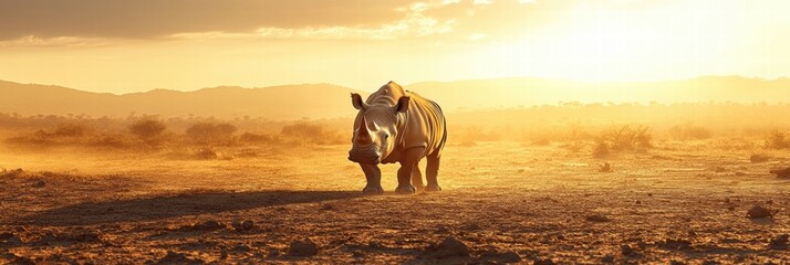 Aufkleber - A rhino walks through a dusty savanna at sunset with space for text and layered hues in the sky. Generative AI
