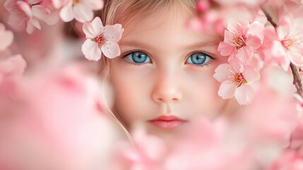 Sticker - Child With Blue Eyes Framed By Pink Blossoms