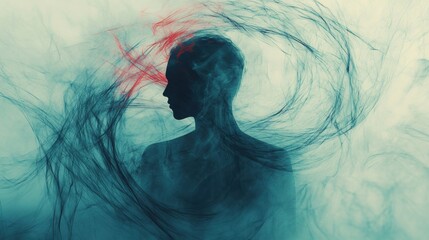 Aufkleber - Silhouette of a person encompassed by an abstract whirlwind representing loneliness and emotional turmoil in vibrant colors. Generative AI