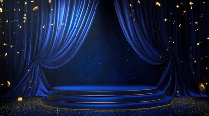 Poster - Elegant blue stage with gold confetti, perfect for awards ceremony or product presentation.