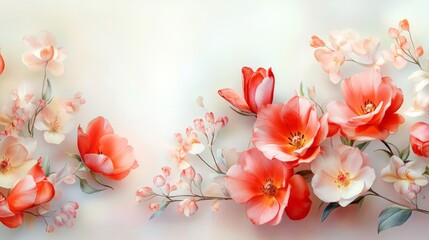 Wall Mural - Delicate Coral Tulips and Blossoms on a White Background