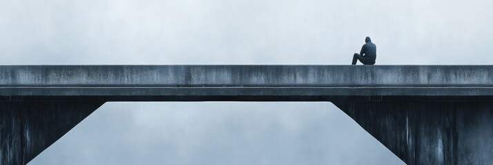 Poster - Lonely figure sits on the edge of a foggy bridge reflecting on solitude and contemplation in a quiet atmosphere. Generative AI