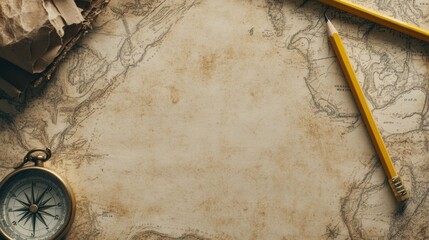 Poster - Vintage map with compass and pencil for travel planning and exploration. Generative AI