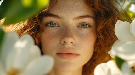 Wall Mural - Red haired woman with freckles framed by blossoms