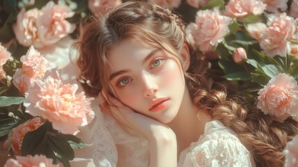 Wall Mural - Young Woman Resting Amidst Blooming Pink Peonies