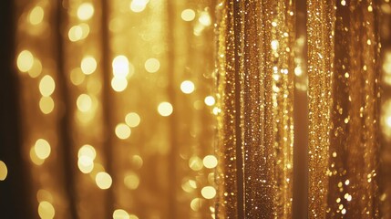 Poster - Sparkling gold curtain with bokeh lights, festive backdrop.