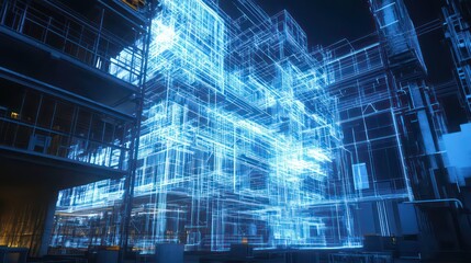 Poster - Glowing wireframe model of a futuristic city at night.