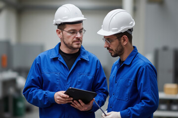 Waist up portrait of two factory workers using tablet in warehouse while doing inspection and production quality control