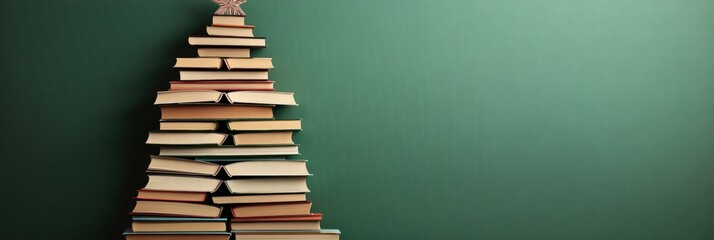 Aufkleber - Creative Christmas tree design made from stacked books on a green backdrop for festive decor. Generative AI