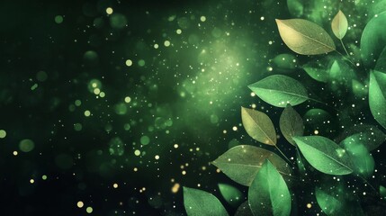 Wall Mural - Sparkling Green Leaves Glowing Dark Background