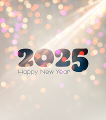 Canvas Print - Elegant 2025 New Year greeting with sparkling bokeh lights and radiant beams. Vector illustration for festive designs.