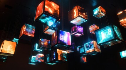 Poster - Floating cubes featuring abstract text and multimedia symbols in a darkened contemporary space. Generative AI