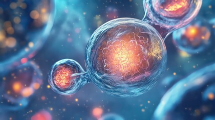 Aufkleber - Microscopic view of cells interconnected, glowing orange cores, blue background.