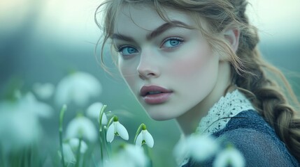 Wall Mural - Young Woman With Snowdrops In Springtime Field