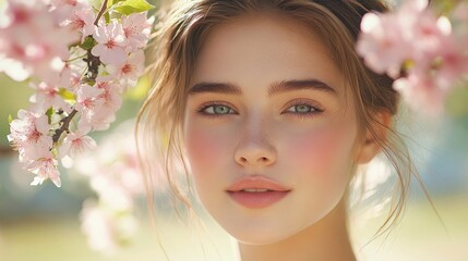 Wall Mural - Young Woman Surrounded By Beautiful Spring Blossoms