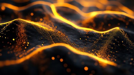Poster - Abstract glowing orange and black textured surface with undulating hills and sparkling particles.