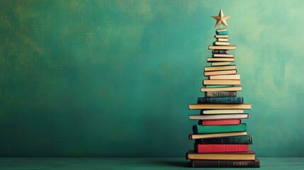 Aufkleber - Creative holiday decor with a book Christmas tree on a green background ideal for festive celebrations. Generative AI