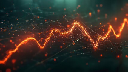 Fototapete - Abstract glowing orange line graph on dark background.
