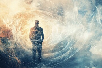 Aufkleber - Human silhouette surrounded by abstract whirlwind symbolizing loneliness and reflective isolation in a vast space. Generative AI