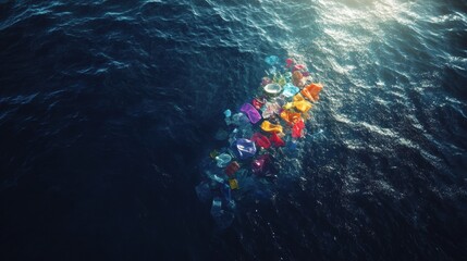 Aufkleber - Colorful plastic waste floats on deep blue ocean waters during bright sunlight, showcasing marine pollutions impact on environment. Generative AI
