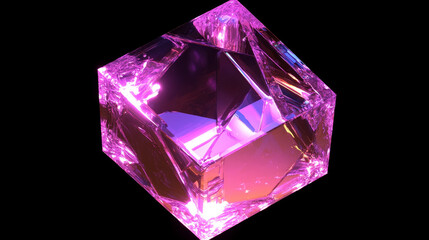 Wall Mural - 3d holographic prism cube with abstract light. Isometric square cuboid shape in iridescent pink. Futuristic flying geometry polygon object with hologram shine effect illustration. Math texture figure