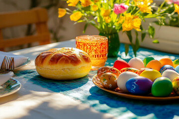 A festive table with vibrant Easter eggs, golden bread, and cheerful spring flowers