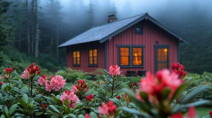 Poster - Red Cabin Nestled Among Blooming Rhododendrons