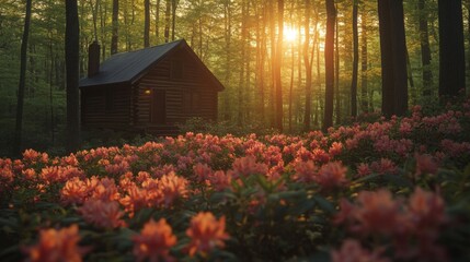 Poster - Sunset Cabin In A Blooming Forest Setting