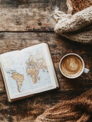Aufkleber - Cozy travel flatlay featuring a warm drink and an open guide on a rustic wooden table. Generative AI