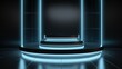 © Olena - Futuristic interior with a rectangular illuminated platform and segmented design on the background for technical presentations, promotional materials, stage design