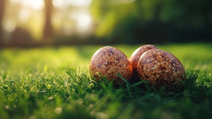 Wall Mural - Three beautifully speckled eggs resting on a lush, sunlit field of vibrant green grass, capturing the essence of nature and life.