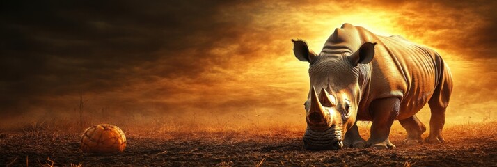 Poster - Close up of a rhino grazing in a barren savanna with vibrant skies and ample space for text or design elements. Generative AI