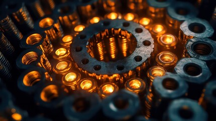 Poster - Close-up of metallic components arranged in a spiral pattern, glowing orange in the center.