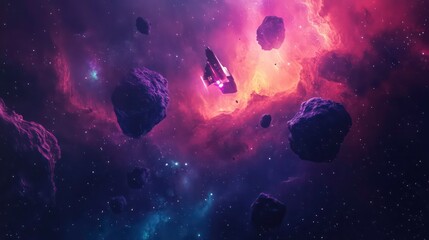 Poster - Spaceship navigating through an asteroid field in a vibrant nebula.